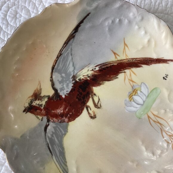Limoges Hand-Painted Decorative Porcelain Plate Flying Bird & Flower Scalloped E - Picture 8 of 12